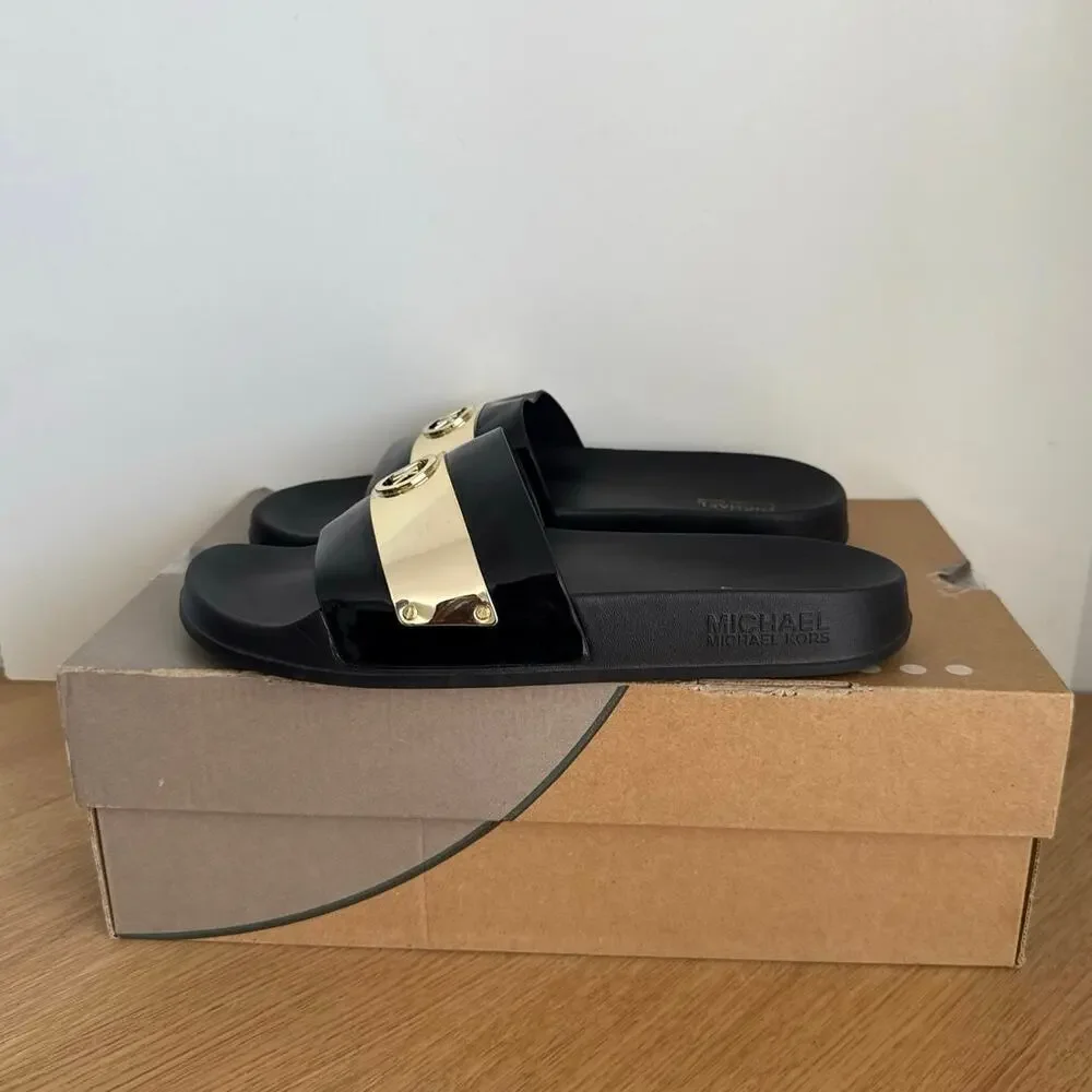 Michael Kors Jett Black/Gold Women Slide Sandals- SZ 8